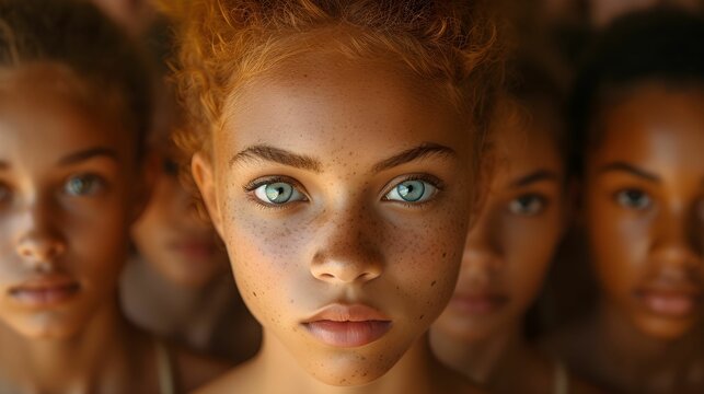 portrait of  young woman tanding  and looking at camera with straight face while crowds of men and women are whizzing around.