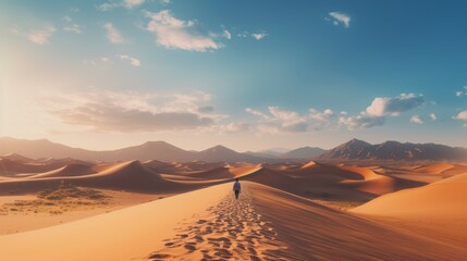 Fototapeta na wymiar A Person Walking Across a Desert With Mountains in the Background