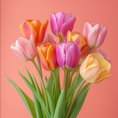 Fototapeta premium Radiant Springtime Elegance: Multicolored Tulip Arrangement against a Soft Coral Backdrop - High-Resolution Image Perfect for Floral Themes