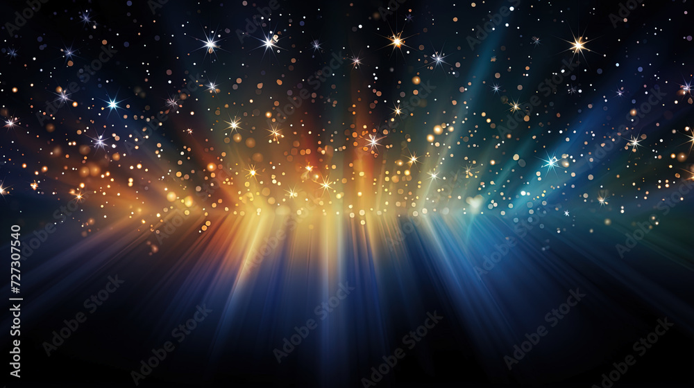 Poster abstract backgound with blue and orange light rays. god rays or light burst with bokeh