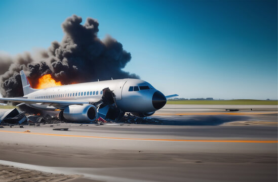 Passenger plane on fire. disaster and air accident concept. Aircraft crashing with exploding engine on fire. Air Crash. Burning falling plane. The plane crashed to the ground