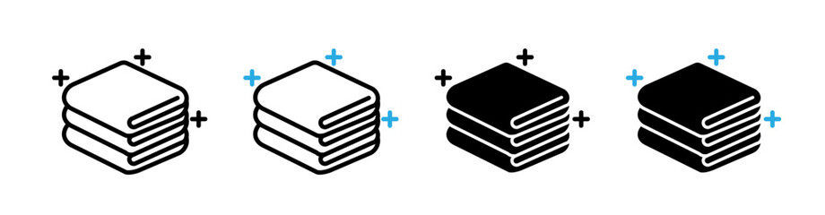 Orderly apparel pile line icon. Tidily stacked garments icon in black and white color.