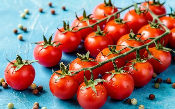cherry tomatoes on blue background