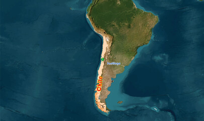 Chile map on the world background. The country is an South America member, known for its long and thin shape. There is a 3D pushpin showing capital city of Santiago. It is famous for wine products