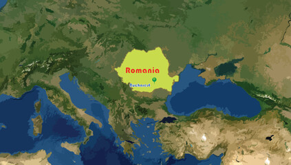 Romania country map and Bucharest, its capital city on the world background. The Dracula and his castle, Danube Delta, painted churches of Moldavia are some of famous vacation spots. 
