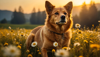 Red dog on a chamomile field at sunset. Space for text - Powered by Adobe