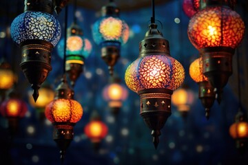 colorful background of lanterns on a street alley