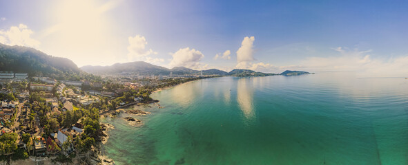 Panorama Patong Beach Popular places. afternoon light sky and blue ocean are on the back of white...
