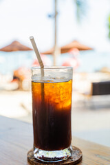 Black coffee, Americano in a cafe by the sea, Sue Flamingo, Ao Yon Beach, Phuket Thailand