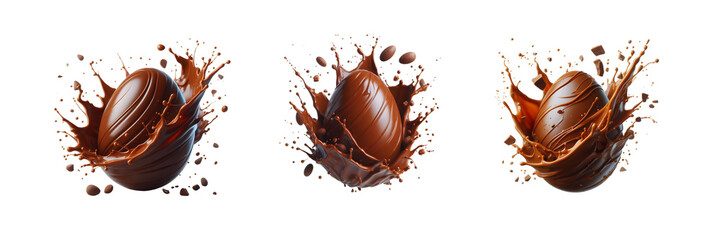 Collection Set of Chocolate easter egg splash in air, isolated over on transparent white background - obrazy, fototapety, plakaty