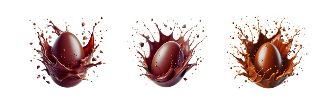 Collection Set Of Chocolate Easter Egg Splash In Air, Isolated Over On Transparent White Background