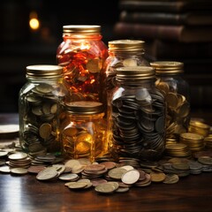 Stacks of money coins financial background with bottles Generative AI