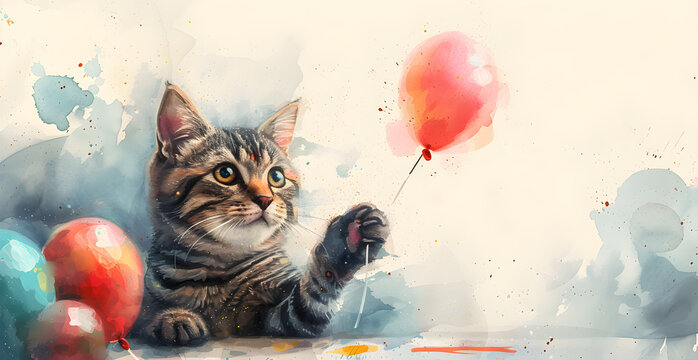 A whimsical watercolor birthday card featuring a cute cat, suitable for party invitations and celebration greetings.