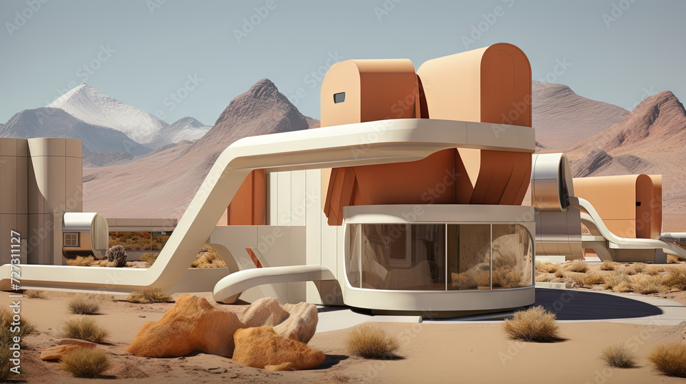Poster Retro futuristic architecture in sci-fi scene on the desert planet. Alien landscape with nostalgic retro future constructions