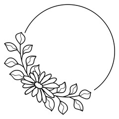 circle frame with black vector line art leaf decoration