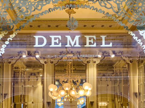 VIENNA, AUSTRIA - JANUARY 30, 2024: Demel in Vienna, Austria. Famous pastry shop and chocolaterie established in 1786. The company bears the title of a Purveyor to the Imperial and Royal Court.