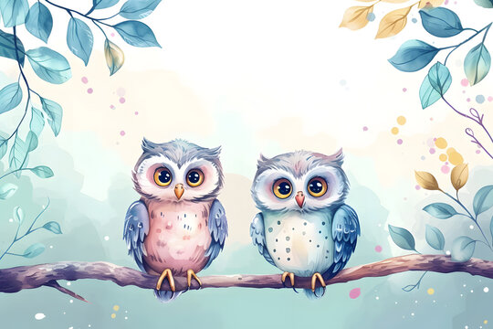 Cute cartoon owl frame border on background in watercolor style.