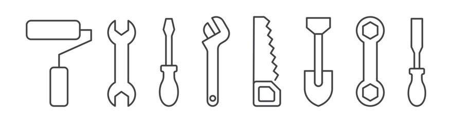 set of tools and Instrument line icon with editable stroke, Construction tool like screwdriver, saw, hammer, axe, ruler, wrench