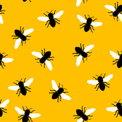 Honeybee seamless pattern vector. Honeybees on yellow background, hand drawn illustration. Bright yellow pattern. Nature vector pattern.