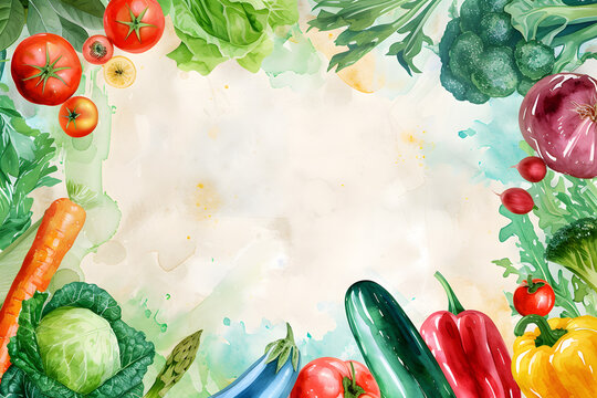 Cute cartoon vegetable frame border on background in watercolor style.