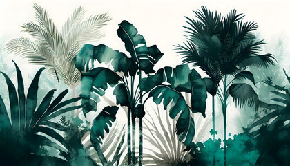 Tropical plants and palm trees, for texture background photo wallpaper. Wallpaper pattern painted in watercolour. Generative AI. - obrazy, fototapety, plakaty