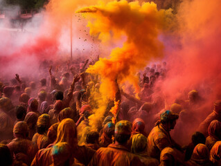 Fototapeta na wymiar A lively scene of people celebrating the Holi Festival in India with vibrant and colorful colors.
