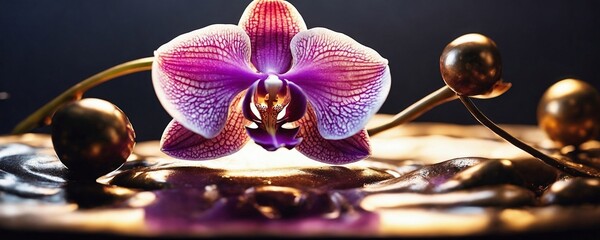 Fototapeta premium purple orchid with white spots on a gold plate with rocks