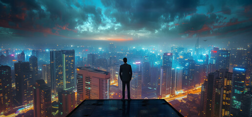 Fototapeta na wymiar A businessman on a platform overlooks a city at night, symbolizing the future smart city network in a cybernetic style.