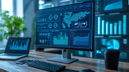 Advanced Digital Dashboard Displaying Real-Time Analytics, Global Business Metrics, and Data Visualization on a High-Resolution Computer Screen in a Modern Office Environment.