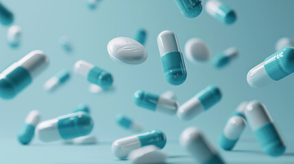 Multiple blue and white capsules are floating against a light blue background