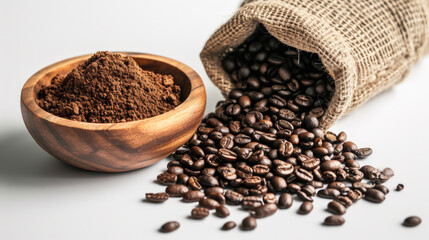 Wooden bowl filled with ground coffee and a burlap sack spilling roasted coffee beans onto a white...