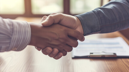 Fototapeta na wymiar Sealing the Deal: Warm Handshake Between Professionals Over a Wooden Table, Finalizing a Partnership Agreement with Blurred Contract in the Background, Emphasizing Business Ethics and Trust.