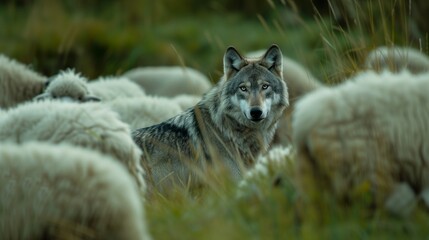 Lone wolf skillfully camouflaged amidst a flock of sheep, its piercing eyes gleaming with a mix of cunning and hunger,