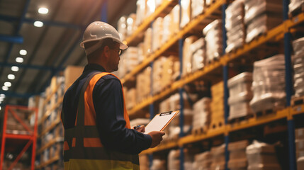 Dedicated Warehouse Inspector Conducting Thorough Supplier Audit: A Professional in Safety Gear with Clipboard Against the Backdrop of Stacked Inventory in a Well-Lit Storage Facility, Exemplifying Qu