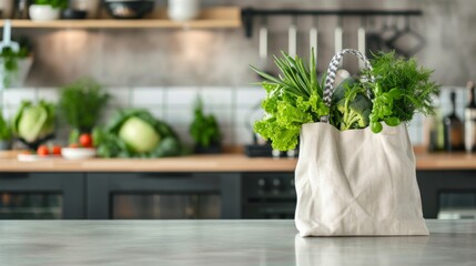 Reusable white linen tote bag with fresh vegetables on a modern kitchen counter