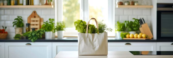 Foto op Aluminium Stylish white eco-friendly shopping bag, overflowing with fresh produce, adds a touch of green living to the clean lines and sophisticated ambiance of a contemporary kitchen © mikeosphoto