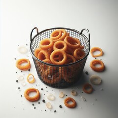 onion rings on a basket on white
