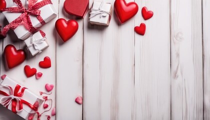 Valentine's day gifts and decorations on wooden background