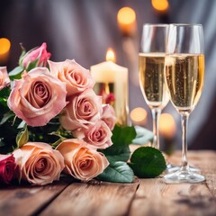 Romantic champagne toast with rose bouquet