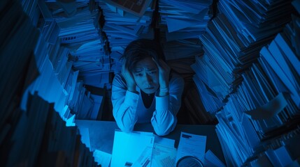 Top view dimly lit office, a weary employee slumps over their desk, surrounded by stacks of paperwork, Overwork overtime concept