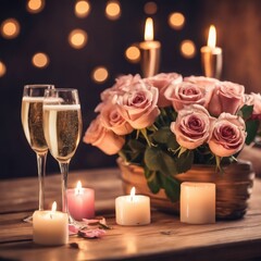 Romantic candlelit celebration with champagne and roses