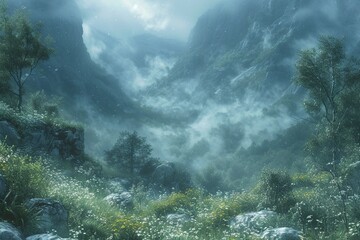 Fototapeta na wymiar a mystical and verdant mountain ravine shrouded in swirling mist, with steep, rocky walls