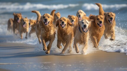 Pack of dogs runs freely along the shore. Their fur ruffles in the wind, and paws leave imprints in...