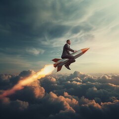 Businessman fly high with a rocket. concept of success and startup. Generative AI - obrazy, fototapety, plakaty