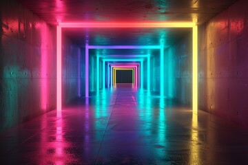 a sleek futuristic tunnel illuminated with smooth gradient rainbow lights