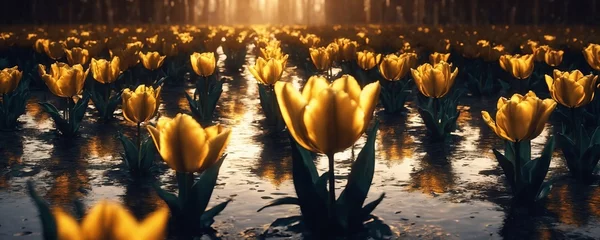 Tuinposter yellow tulips in a field of water with the sun shining © Lau Chi Fung