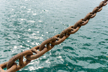 Rusty ship chain anchor in sea water abstract background.