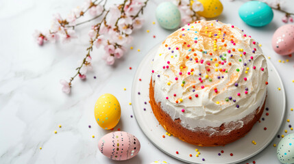 Fototapeta na wymiar Traditional Easter dessert spread featuring cake and brightly colored eggs