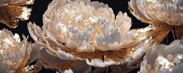 there are many white and gold flowers in a vase
