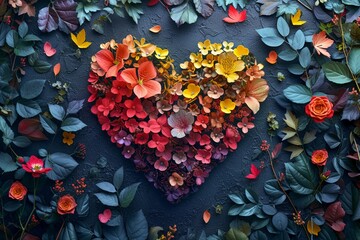 The shape of a heart drawn with a multitude of leaves and colorful flowers